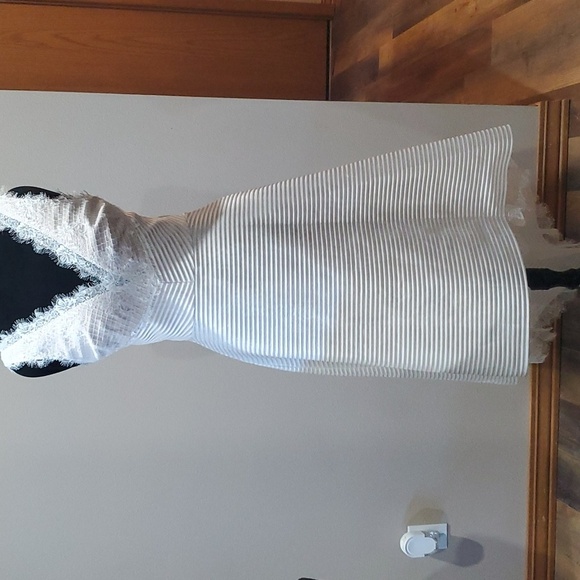 NWT Marchesa Notte off white striped mesh over lace high low hem dress - Picture 2 of 10